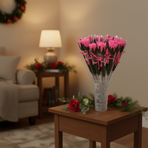 Eb Single Pink Roses 19.5 In Vase Realistic Artificial Flowers For Wedding Holiday Decor Valentine's Day - Product Image 2