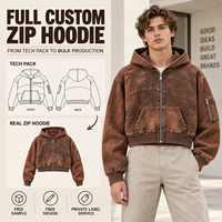 Sweat à capuche zippé personnalisé pour homme, coupe courte, effet délavé vintage, broderie logo personnalisé pour style streetwear rétro