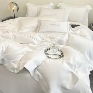 Logotipo do bordado personalizado, 100% algodão 400tc capa de edredon lençol conjunto de cama