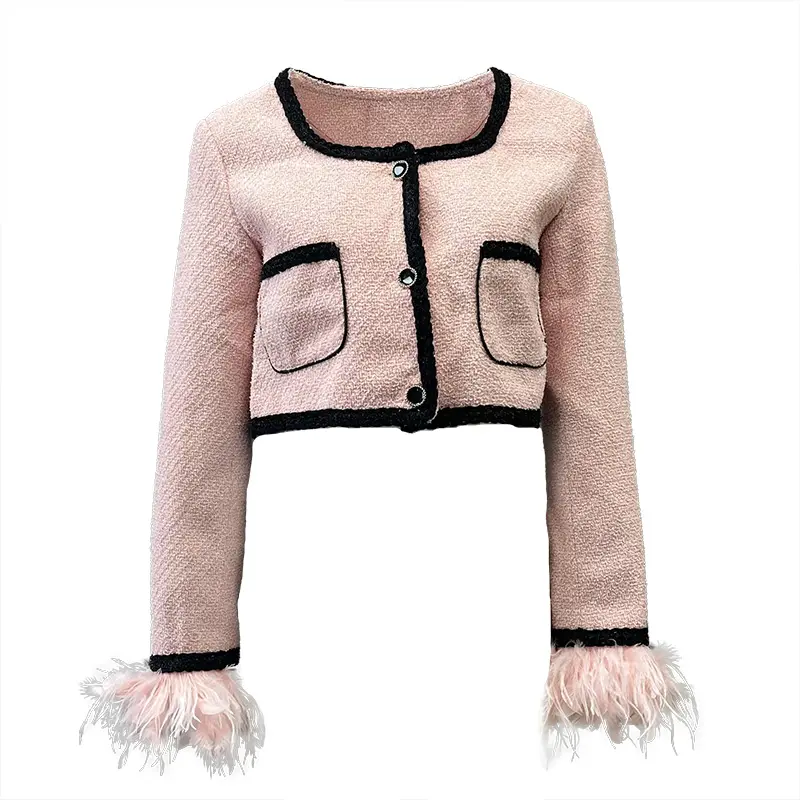 Latest Designer Long Sleeve Coat Women Short Style Tweed Jacket With Ostrich Feather Cuffs