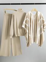 Ensemble trois pièces élégant pour femme – Nouvelle collection automne-hiver : pull tricoté, châle cape et pantalon large rayé coupe décontractée