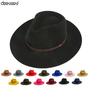 Chapéu tipo fedora, chapéu de feltro clássico unissex com fita de couro, aba larga e jazz