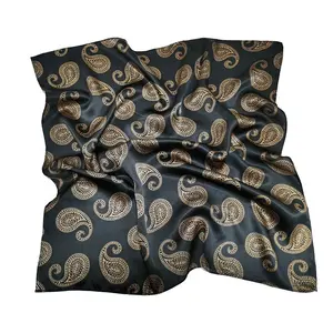 Pañuelos cuadrados negros de Paisley, bufanda de seda, bufanda de cuello de seda para mujer con estilo