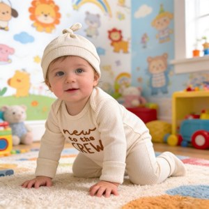 Conjunto de pelele de punto gofrado personalizado para bebé, atuendo de manga larga, marca privada OEM ODM, pelele para bebé con gorro - Product Image 1
