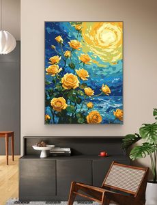 Peinture par numéros DIY Songwoo Impasto : Toile d'art texturée Nuit étoilée, Tourbillon Ciel, Rose dorée, Mer bleue, Paysage marin floral - Product Image 4