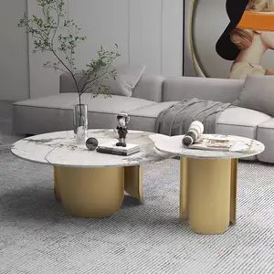 आधुनिक संगमरमर लिविंग रूम फर्नीचर सोना स्टेनलेस स्टील पैर प्राकृतिक संगमरमर गोल कॉफी टेबल सोफा एंड टेबल सेट