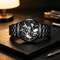 Montre mécanique automatique de luxe pour homme en alliage, acier inoxydable, lumineuse, squelette creux, grand cadran, verre minéral, style affaires