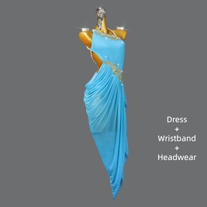 Robe de <span class=keywords><strong>danse</strong></span> latine bleu ciel à une épaule avec applique en dentelle dorée ornée de strass et jupe asymétrique drapée pour spectacle sur scène - Product Image 2