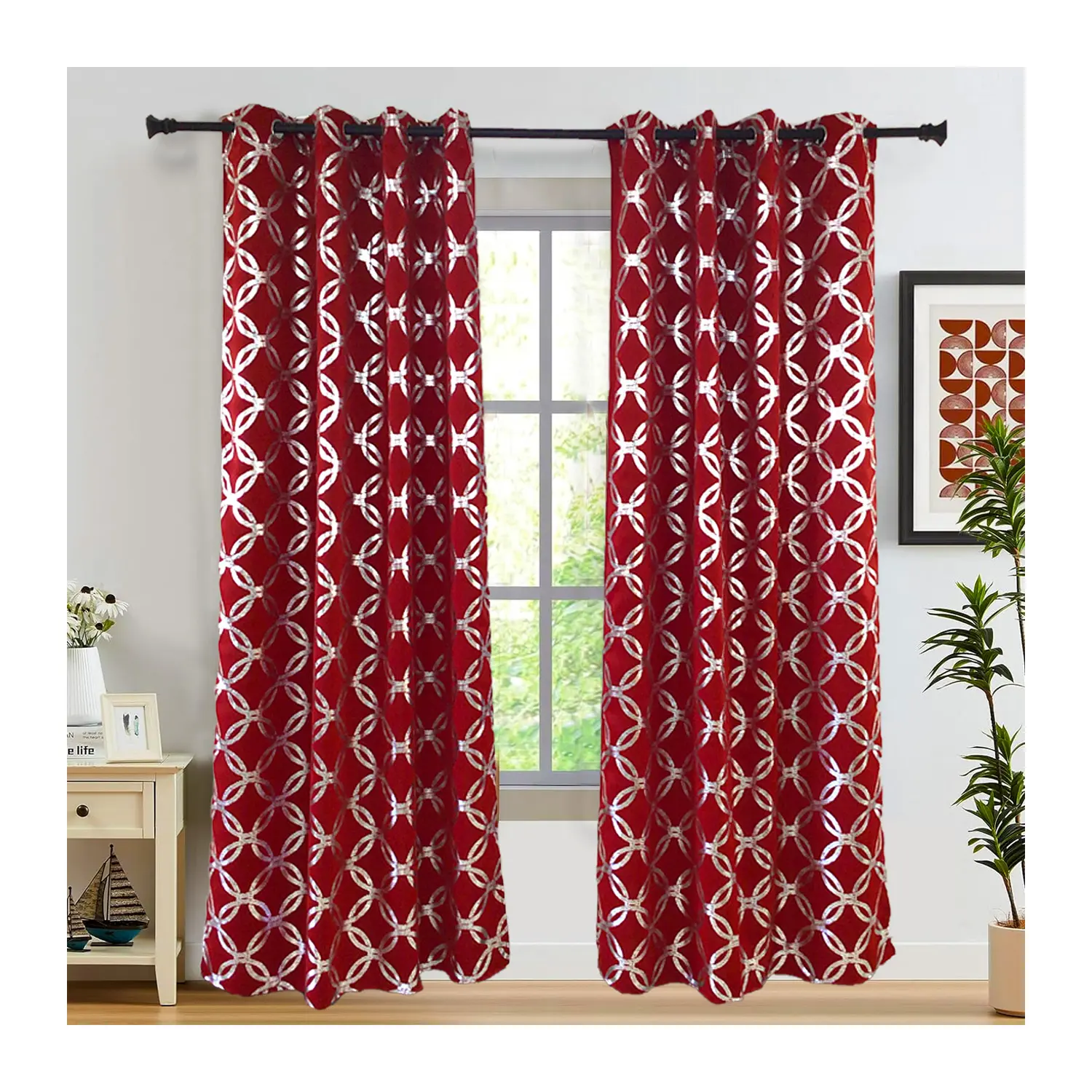 JA 52*96IN Moroccan Metallic Print Energy Efficient Thermal Insulated Curtains Red Blackout Silver Foil for Bedroom Living Room