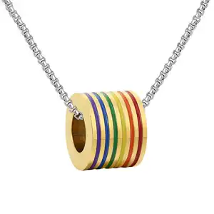 Arc-en-ciel Couleur Émail Fierté Anneau Cylindre Pendentif Gay Mens Collier Bijoux Colliers En Acier Inoxydable