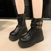 Bottes de moto pour femme, hiver, à lacets, plateforme épaisse, tige en PU artificiel, semelle extérieure en caoutchouc, fabrication ODM/OEM