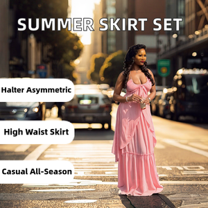 J0234 Solid Casual Summer Women's Skirt <b>Sets</b> Halter Asymmetric Top and High Waist Slit Skirts Two Piece <b>Set</b> - Product Image 2