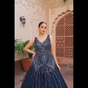 新しいダークブルーデザイナーガウン伝統的なビーズスパンコール刺繍エレガントなドレスすべての機会に - Product Image 1