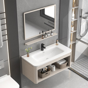 Conjunto de Muebles de Baño BTH Estilo Crema, <span class=keywords><strong>IPX4</strong></span> Impermeable, Lavabo Integrado de Cerámica Nivel E0, Espejo Inteligente, Aluminio Espacial - Product Image 4
