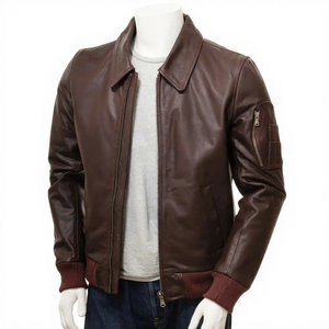 Mens Brown Genuine Leather Bomber Jacket Classic Rib Knit Hem Shirt Collar Zipper Casual Slim Fit Leather <b>Coat</b> - Product Image 1