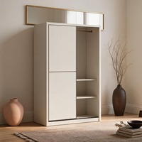 Armoire de rangement haute en bois marron moderne sur mesure OEM à 2 portes coulissantes avec tringle de suspension et étagères pour chambre à coucher et projets hôteliers