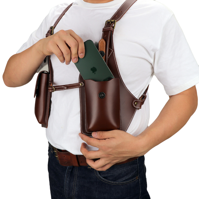 Multipurpose Vintage Brown Embossed Logo Leather Shoulder Holster Phone Holder Concealed Wallet Pocket Anti-Theft Portable