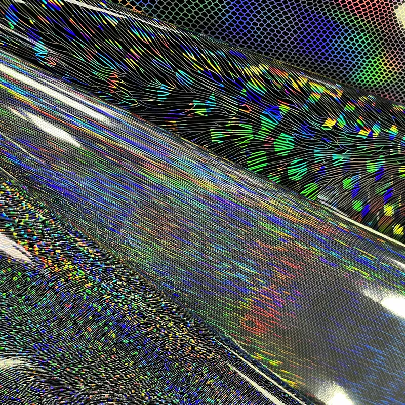 Holograma brillante sintético PU espejo holográfico tela de cuero iridiscente para bolsos arco artesanía brillo tejido