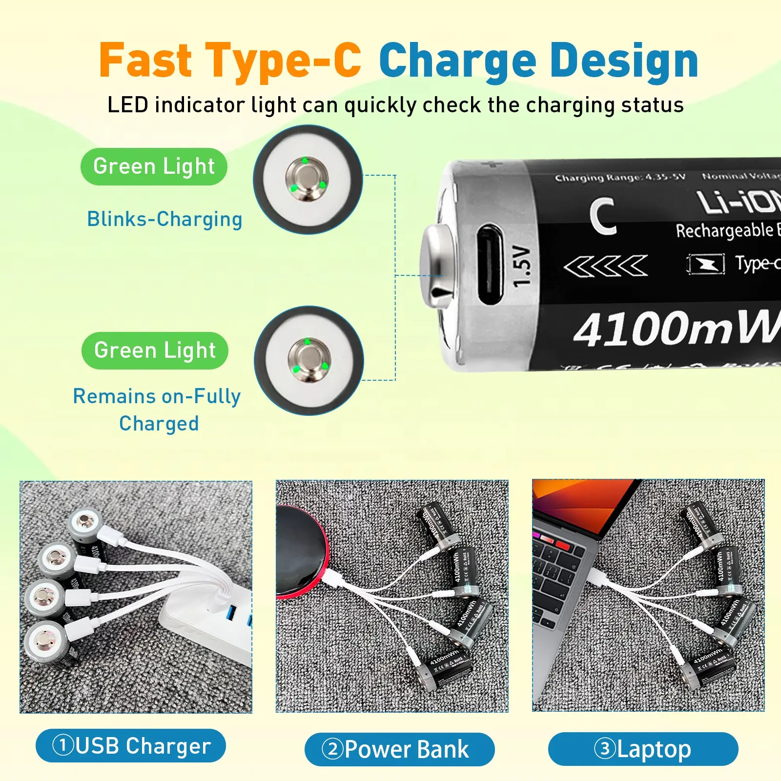 4100Mwh C Tamaño Deep Cycle Oortable Li-ion Usb Batería de litio recargable digital