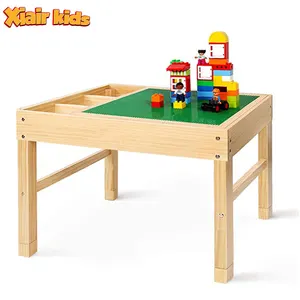 โต๊ะกิจกรรมเด็ก2อิน1ขนาดใหญ่พร้อมกล่องเก็บของสำหรับเด็กโต๊ะเล่นไม้เนื้อแข็งสำหรับเลโก้