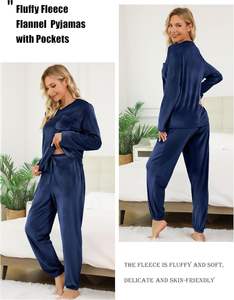 Ensemble de pyjama en polaire pour femme Lovasy, taille élastique, uni, thermique, chaud, poches moelleuses, manches longues, col en V, 2 pièces, longueur cheville - Product Image 3