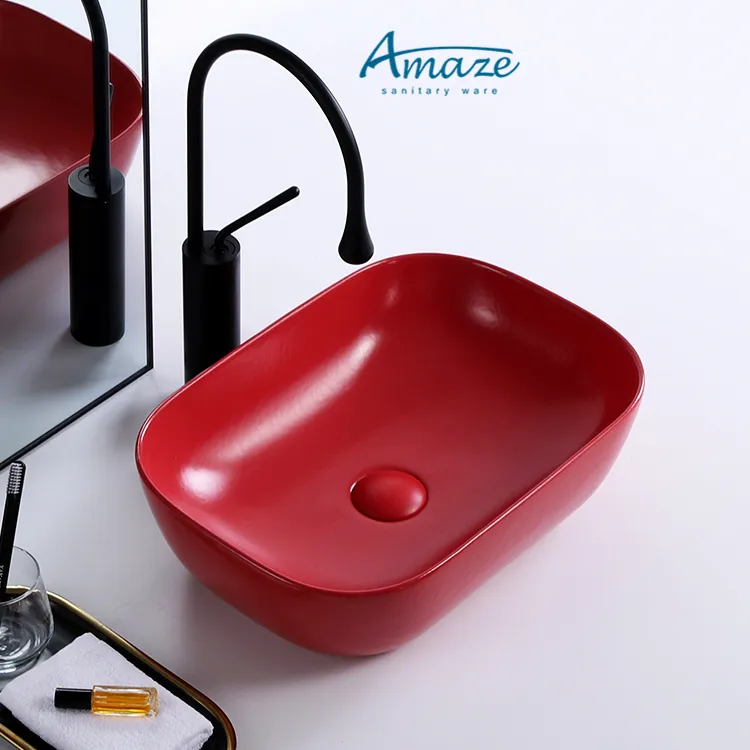 新しいデザイン素晴らしい素材赤い色小さな正方形の磁器セラミック容器シンクカウンタートップバスルームシンク手洗いアート盆地