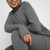 Ensemble de sport pour femmes musulmanes, style modeste personnalisé, gris pierre, comprenant un haut tunique à capuche et un pantalon moulant, vêtements de sport musulmans, logo personnalisé, commande en gros