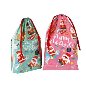 Voorraad Promotie Kerst Plastic Pvc Stofzak Pull Touw Biologisch Afbreekbaar Transparante Kerst Candy Gift Bag