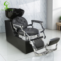 Jincheng Antique Tufté Cuir Noir Inclinable Shampooing Lit Chaise Rétro Barbershop Salon De Coiffure Lavage Évier et Chaise