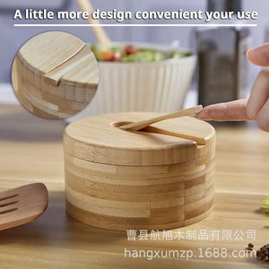 Bamboo Spice <b>Jar</b> With Lid And Spoon 3.9inch Diameter 2.95inch Height Multi Compartment <b>Storage</b> Container <b>For</b> <b>Kitchen</b> Use - Product Image 3