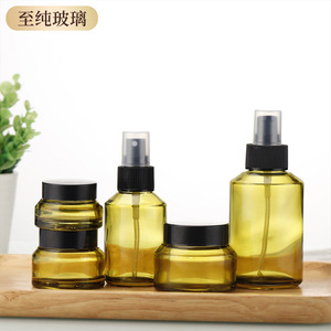 Yellow Glass <b>Bottles</b> With Spray Dropper <b>Pump</b> For Skincare Packaging 10ml 30ml 50ml 100ml Cylinder Shape Clear Surface - Product Image 2