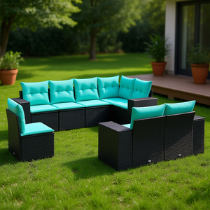 Set di divani da giardino in polyrattan nero da 8 pezzi con cuscini, set di mobili da giardino per esterni - Product Image 2