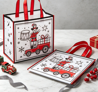 Sacs fourre-tout réutilisables en non-tissé imprimés sérigraphiés pour Noël, avec un motif d'animaux mignons pour les courses et l'emballage de cadeaux de fête