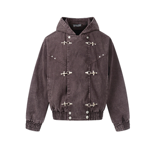 Neue Trendige Marke Amerikanische Retro Heavyweight Washed Distressed Denim-Jacke mit Flugzeugknöpfen, Überzieher und Motorrad-Stil - Product Image 1