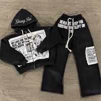 Sweat à capuche et pantalon de survêtement thermiques d'hiver en coton épais, personnalisés, avec broderie de strass, patchs vieillis, effet délavé à l'acide et fermeture éclair
