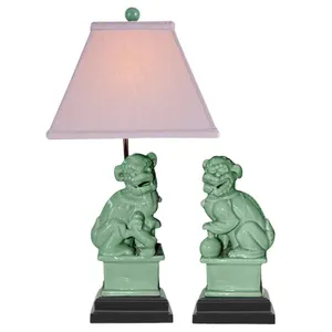 Factory direct supplier ceramic Chinese guardian lion celadon green crackle porcelain pair of foo dog figurine table lamps