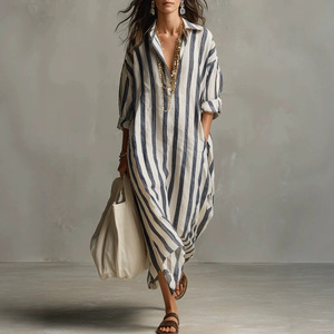 Robe longue rayée respirante pour femme, style décontracté vintage, col à revers, manches longues, coupe ample, poches latérales, idéale pour les vacances et la <span class=keywords><strong>plage</strong></span> (OEM/ODM) - Product Image 2