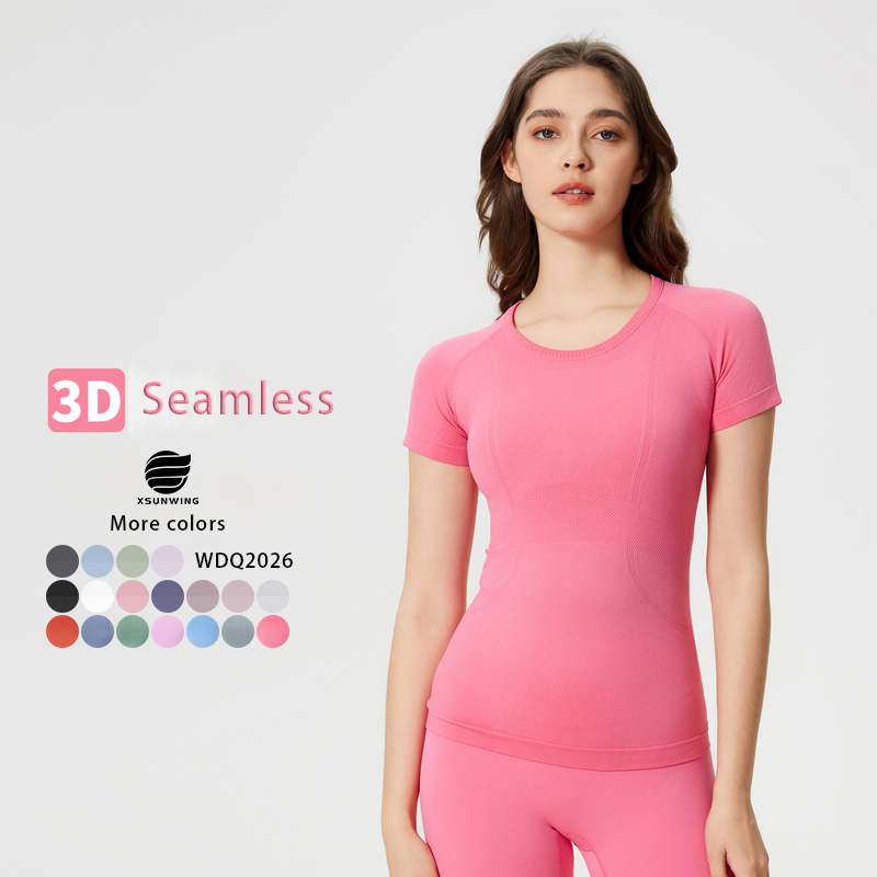 Xsunwing Woman Run Tee Crew Neck Jacquard Seamless Stretch Slim Sports Workout Tops Yoga Running Short Sleeves T Shirts WDQ2067