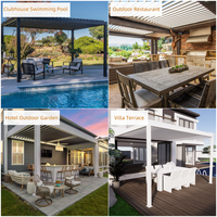 Auvent de terrasse électrique moderne en aluminium avec toit à lamelles télécommandé, système bioclimatique en aluminium pour l'ombrage des terrasses et jardins.