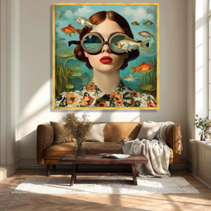 Quadro su Tela con Donna che Vede Pesci Sottoacquei con Occhiali, <span class=keywords><strong>Arte</strong></span> Murale Fantastica Subacquea, Moderno <span class=keywords><strong>Surrealismo</strong></span> - Product Image 2