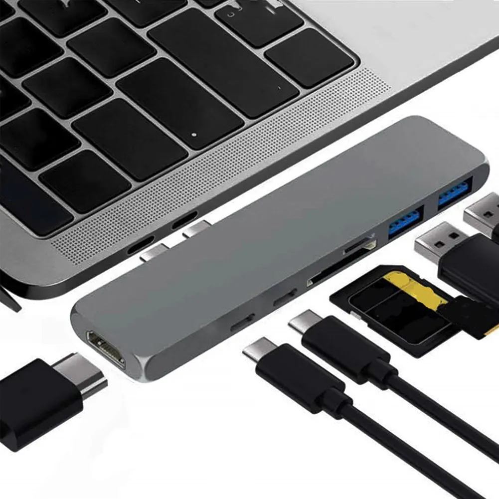 Adaptor Hub Tipe C 7 In 1 USB Ganda Konektor Tipe C Ekstensi Laptop Stasiun Dok untuk MacBook Pro/Air dengan 4K HDMI Kompatibel
