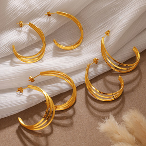 C-Shaped Gold Plated Stainless Steel <b>Cuff</b> <b>Earrings</b> For Women Minimalist Multi Layer Fashion Jewelry - Product Image 2