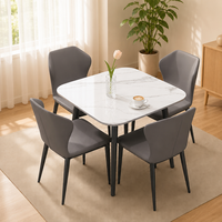 Table à manger carrée minimaliste italienne réglable en pierre frittée, plateau texturé blanc, pieds en métal noir pour usage domestique