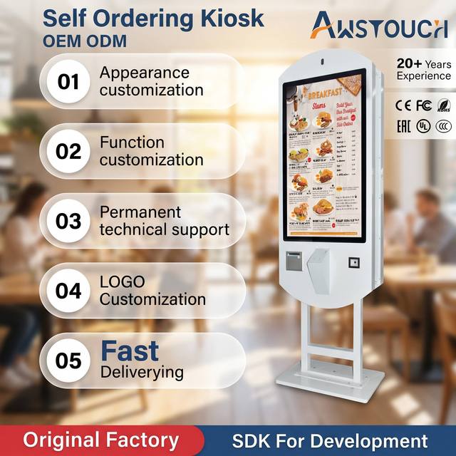 AWSTOUCH 43-Inch Self Service Food Ordering Touch Screen Kiosk with QR Code Reader  Printer