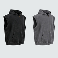 Gilet sans manches pour homme avec fermeture éclair et bords effilochés, style blazer vintage, 400 GSM, délavé rétro, épais, avec capuche, vente en gros