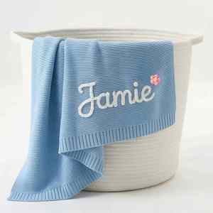 <b>Personalized</b> Cotton Modern Knit Baby <b>Blanket</b>, Custom Embroidered Name Soft Breathable Four Seasons Use, Welcome Keepsake - Product Image 1