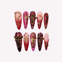 Faux ongles à presser Rétro Church-Angel en acrylique, forme amande, longueur longue, personnalisables, finition brillante/mate, vernis doré, motif 3D Croix/Cœur, pour les fêtes