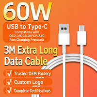 Cable Tipo-C de Carga Rápida PD de 60W, Extra Largo (3 Metros), para Transferencia de Datos de Teléfono y Tableta, Elastómero Termoplástico, Compatible con 17