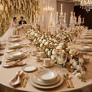 Service <span class=keywords><strong>de</strong></span> <span class=keywords><strong>table</strong></span> en céramique blanc et or <span class=keywords><strong>de</strong></span> luxe, assiettes en porcelaine à bordure géométrique, vaisselle <span class=keywords><strong>Art</strong></span> Déco pour mariage, hôtel, maison, banquet - Product Image 4