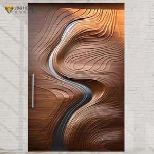 Premium 3D oyma katı ahşap ön kapı Modern dış giriş su geçirmez lüks evler villa için benzersiz akan tasarım salonu - Product Image 1
